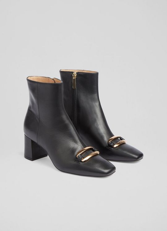 Novella Black Leather Gold Bar Ankle Boots