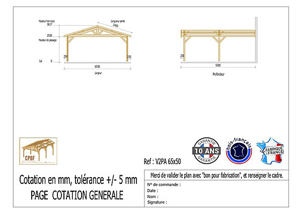 Carport adossé deux pentes 650cmx600cm bois DOUGLAS Français (Charpente en bois-auvent-abri voiture) 39m². Garantie 10 ans