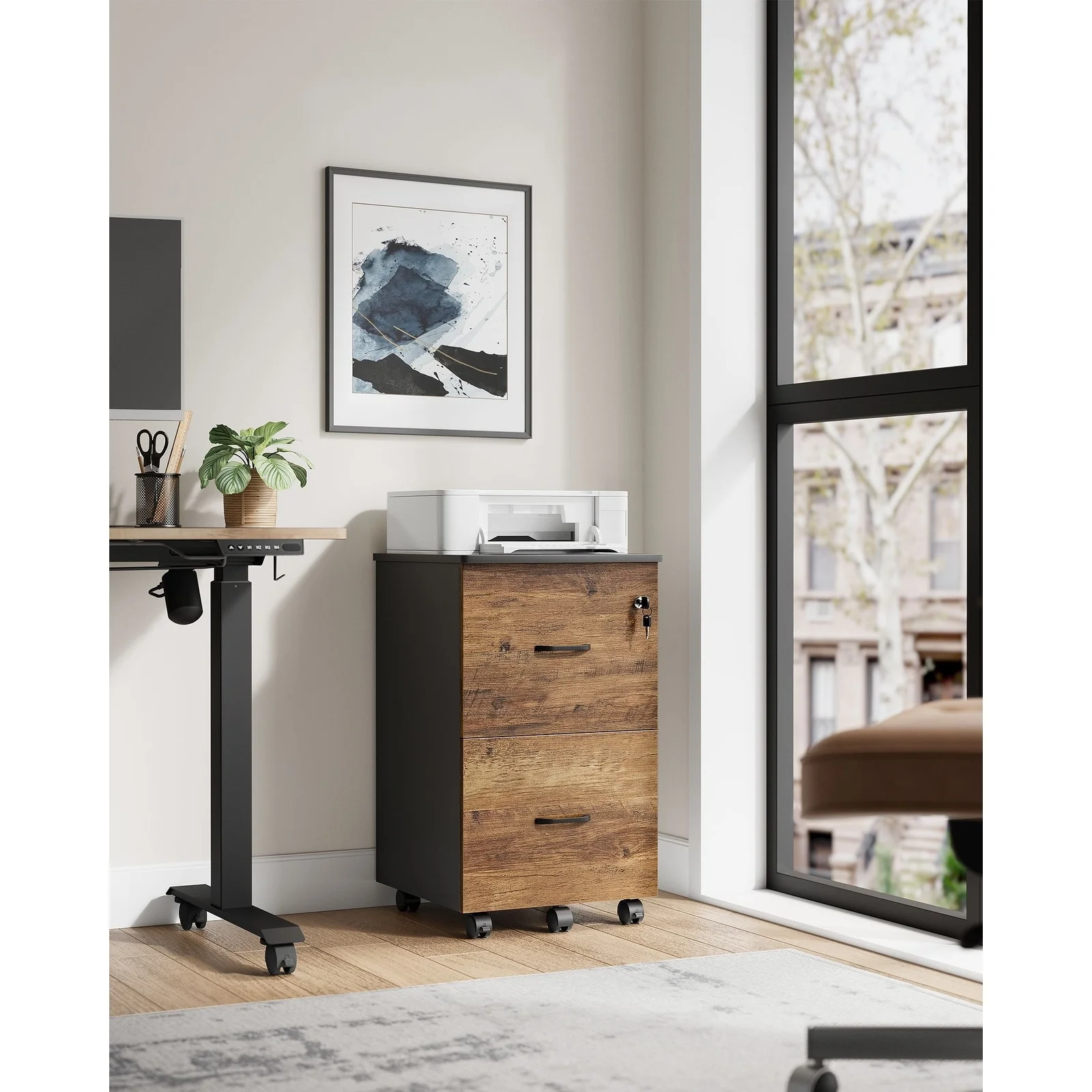 Lockable Rolling File Cabinet with 2 Drawers, Metal Handle Rustic Wood for Home Office Use