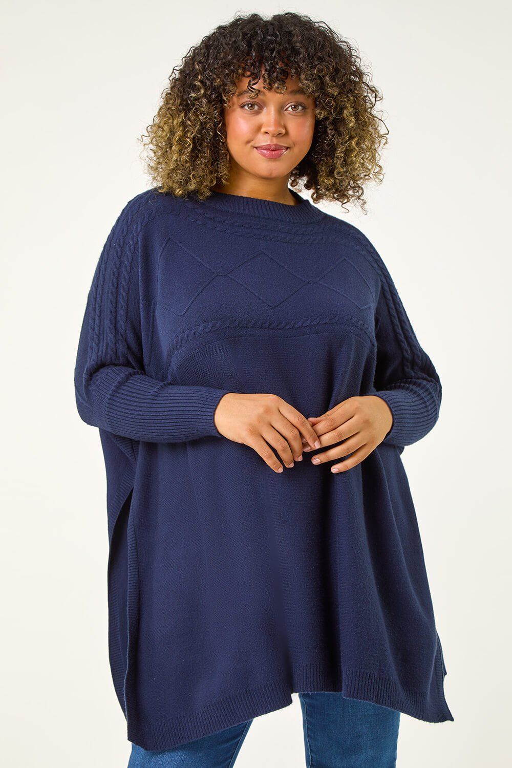 Roman Curve High Neck Cable Knit Poncho