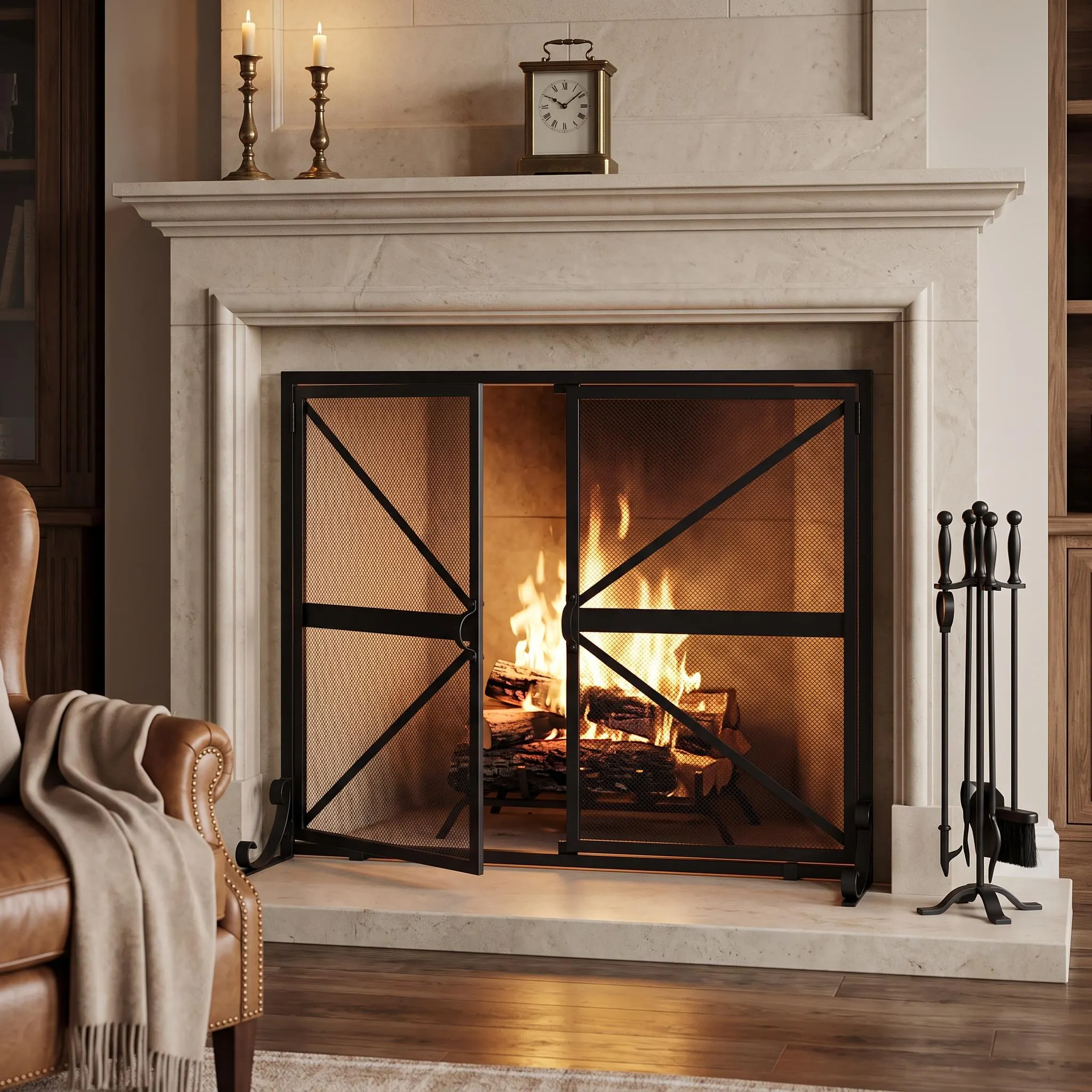 Wrought Iron Fireplace Screen with Hinged Doors, Mesh Spark Guard for Indoor Fireplace