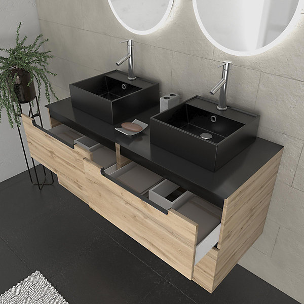 Meuble salle de bains 120cm Chene et noir, Vasques carrees et Miroirs Led Diam 50cm - OMEGA