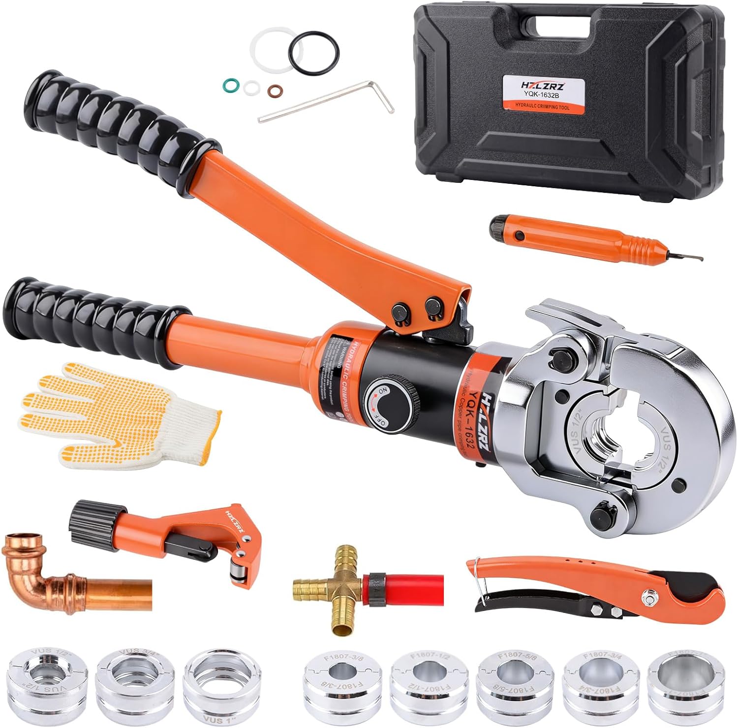 HZLZRZ Pro Press Copper and PEX Pipe Crimper Kit: 8 dies Set with Dies for 1/2 3/4 1 Copper Pipe ASTM F1807 PEX Copper Rings (5 Sizes 3/8 to 1), Professional Tool for Plumbing Systems(YQK/1632B)