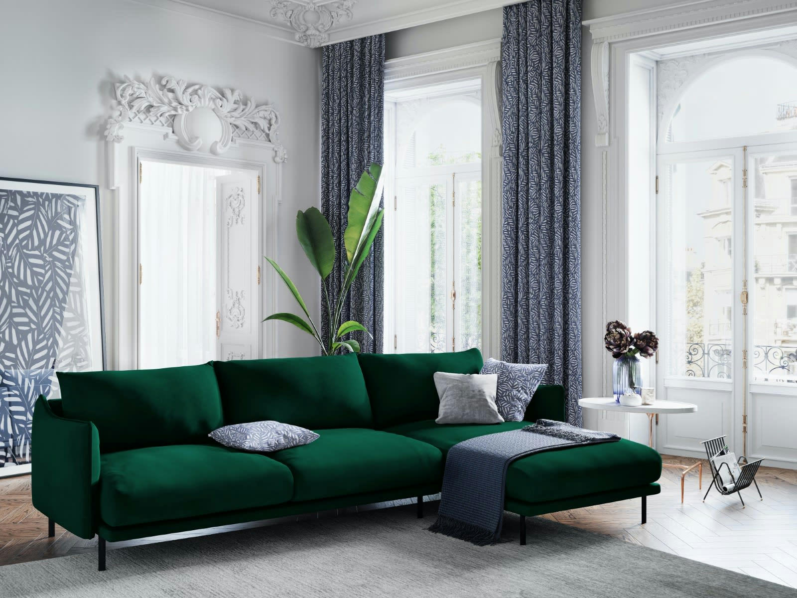 PARIS - Canapé D'Angle Droit 5 places en Velours Vert Bouteille