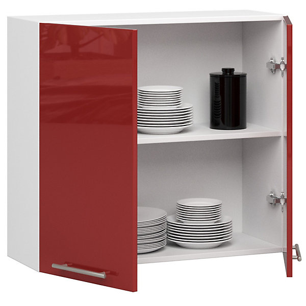 Meuble de cuisine suspendue : 2 portes, 2 étagères, blanc / rouge brillant, 80 x 72 x 30 cm