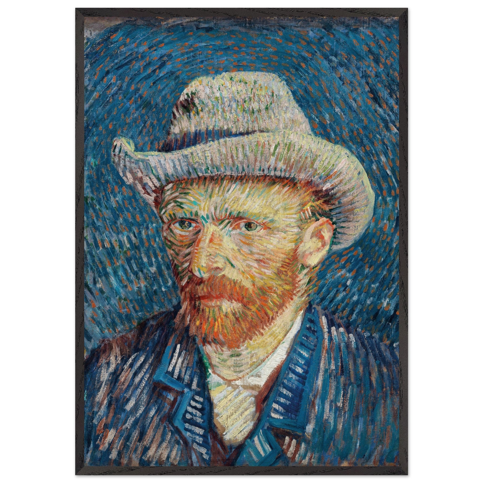 Artfulprints Poster met Lijst Vincent van Gogh - Zelfportret met grijze vilthoed  - 70x100 cm - Blauw