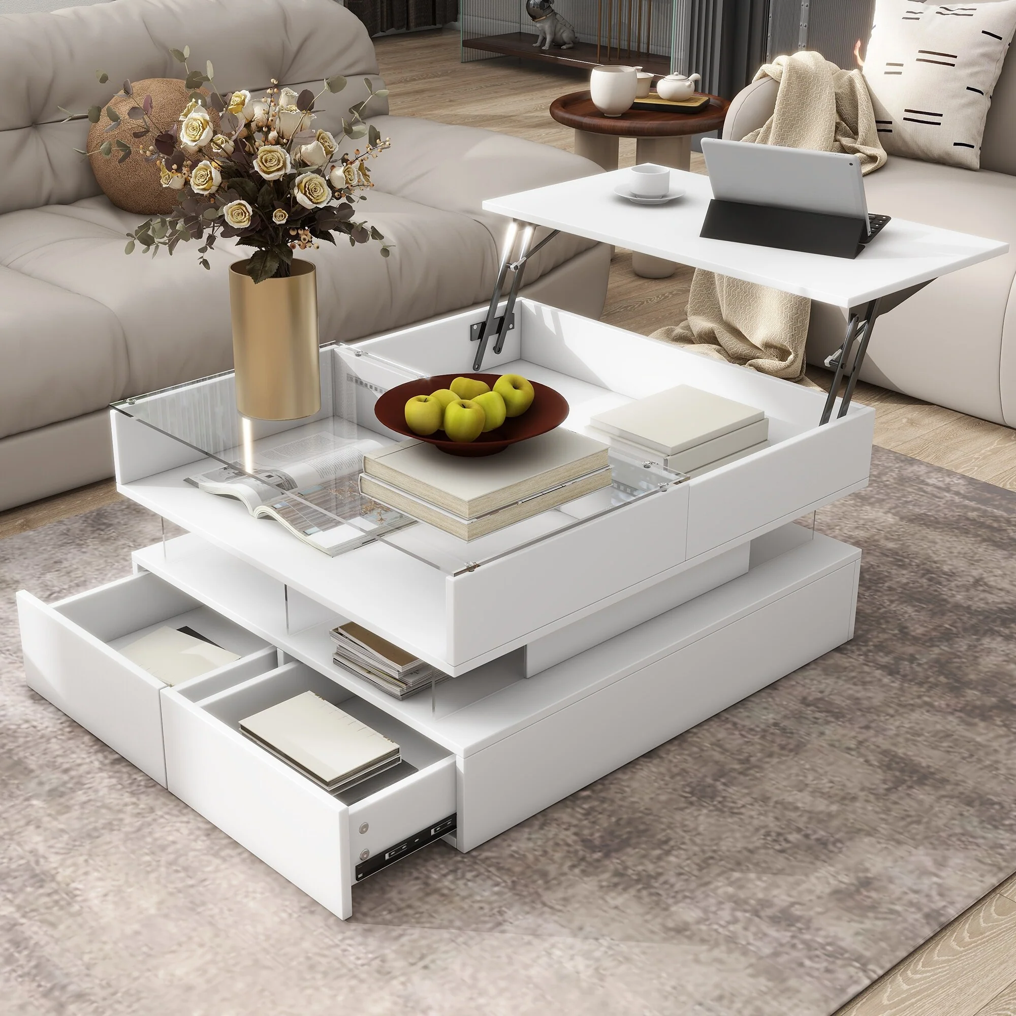 Lift-Top Coffee Table with 2 Drawers, Square Coffee Table with Glass Top and High-Gloss Finish, Hidden Space and LED Lights