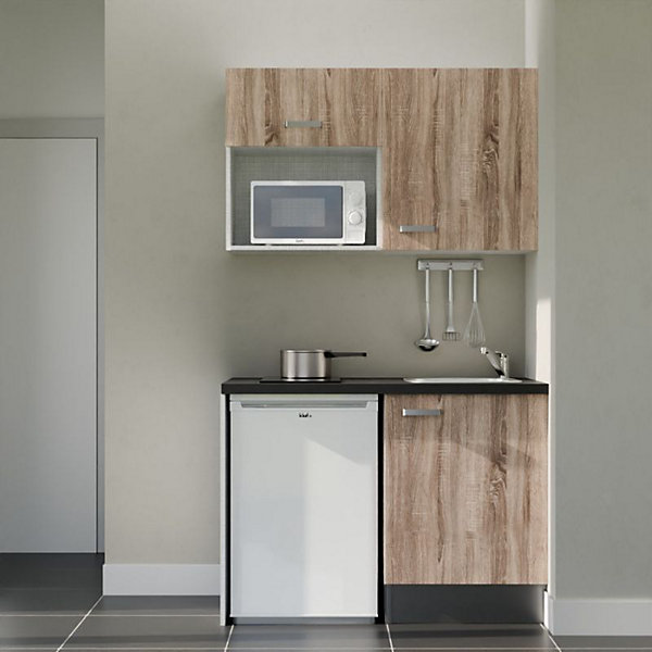 Kitchenette K07 façades Bois - Plan de travail Noir texturé - Crédences : Non - Evier inox - Electroménager Blanc inclus