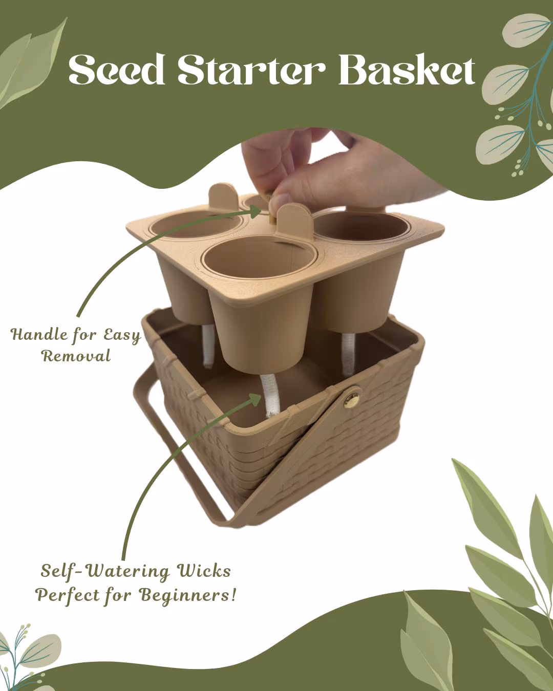 Self-Watering Seed Starter Basket - 4 Cell, 3D Printed, Latte Brown, Wicker Design, Beginner Friendly