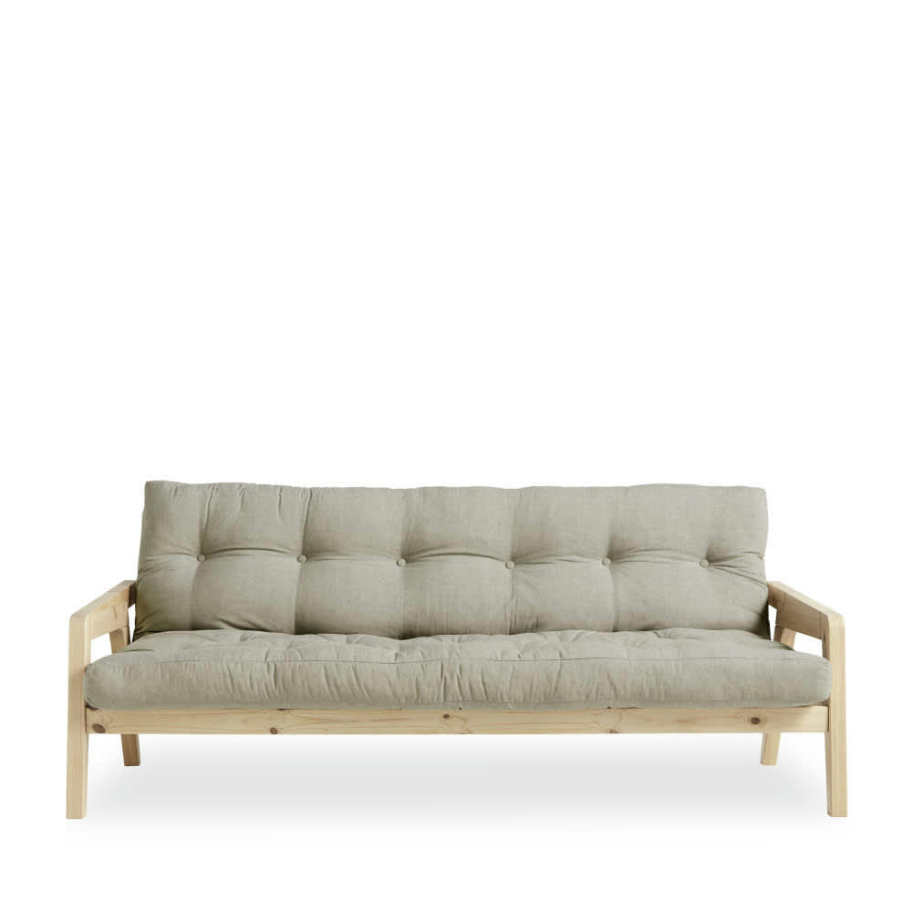 GRAB - Canapé convertible en bois naturel et tissu lin 2 places