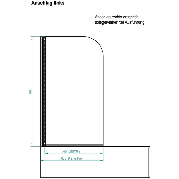 Badewannentrennwand »Cello«, BxH: 80 x 140 cm, Einscheiben-Sicherheitsglas (ESG)