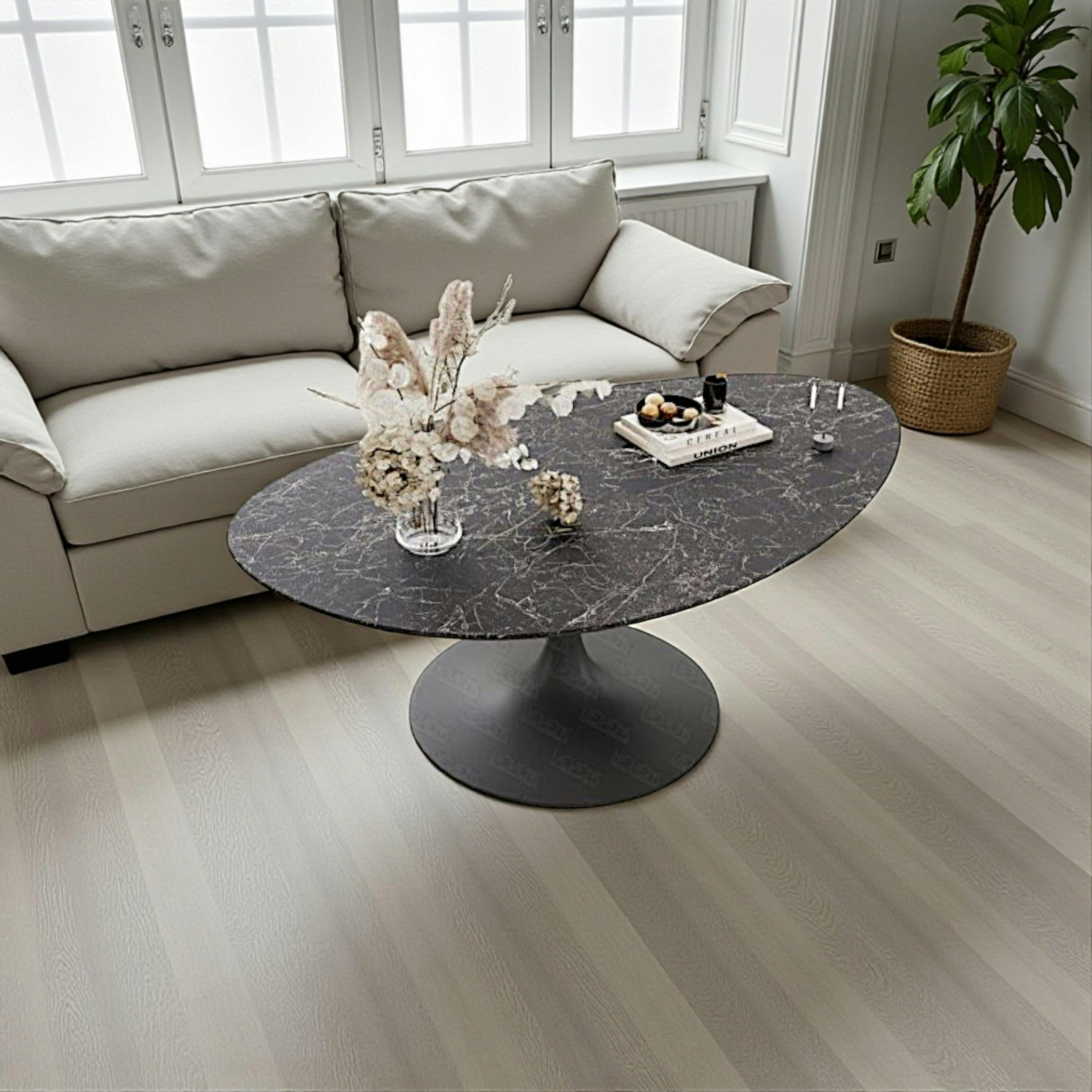 Table basse céramique grise marbrée, pied tulipe LIGURIE