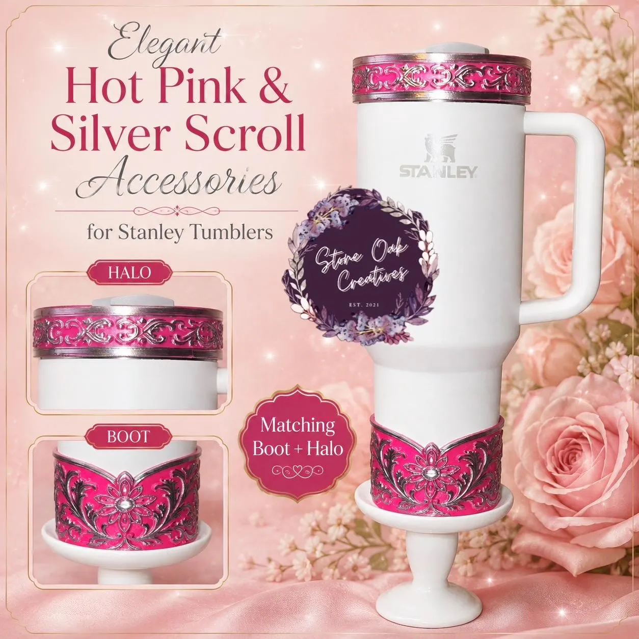 Elegant Hot Pink and Silver Fancy Lace Tumbler Boot, Halo or lid collar Accessory Collection for Stanley and Coldest, Pink Moonlight Floral