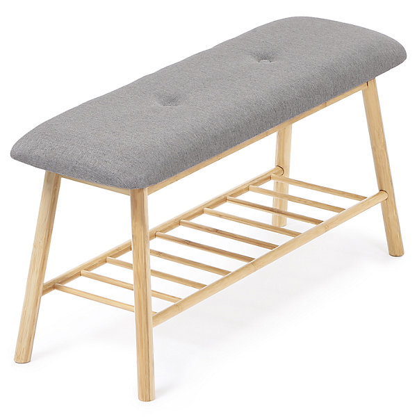 Banc d'entrée chaussures capitonné bambou RITA tissu gris clair