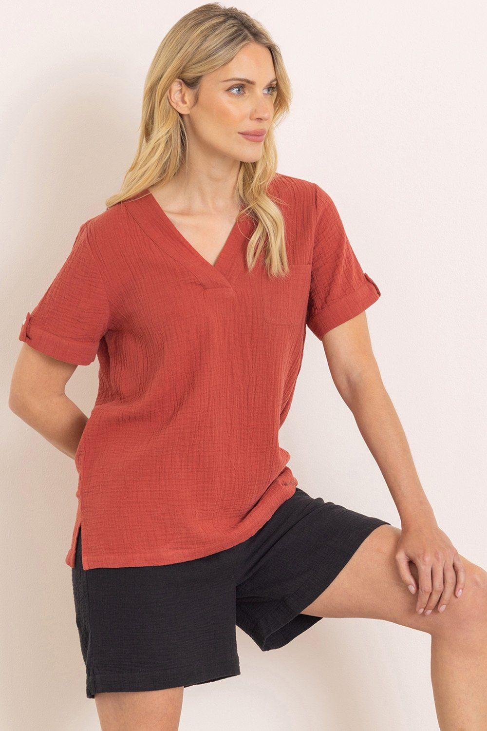 Klass. Short Sleeve Cotton V Neck Top