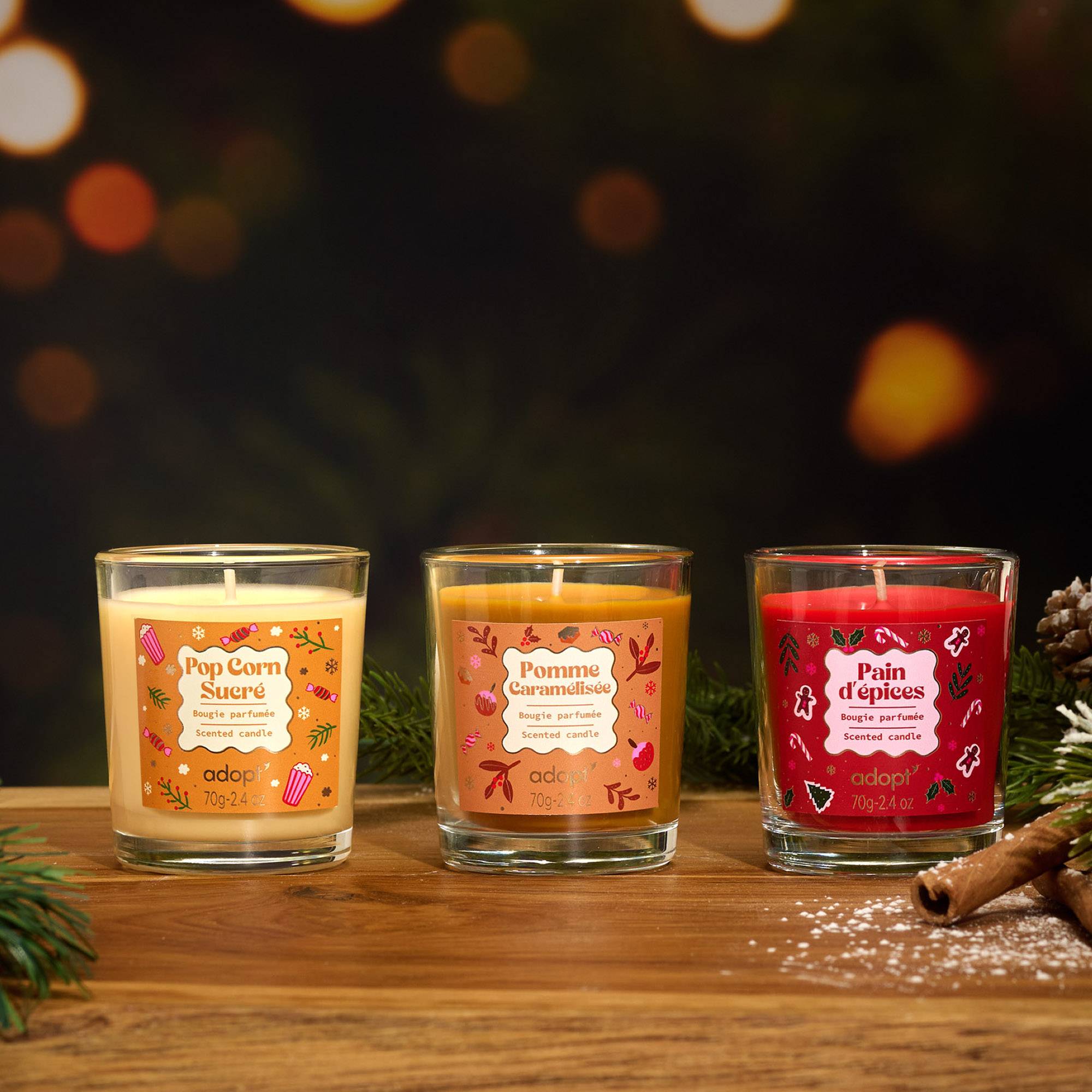 Coffret Mini Bougies NoelCoffret 3 bougies Pomme Caramélisée 70g   Pop Corn Sucré 70g   Pain d'épices 70g