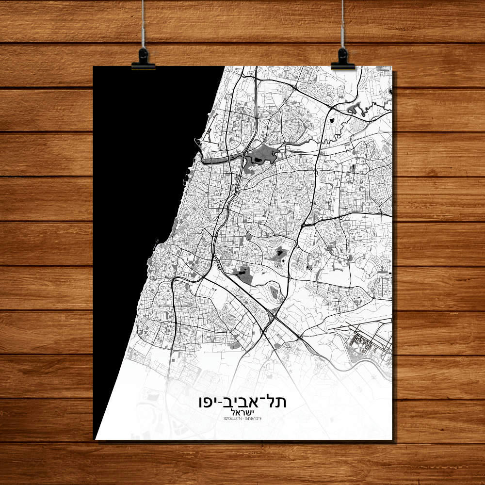 TEL AVIV - Affiche Tel aviv Carte N&B 40x50