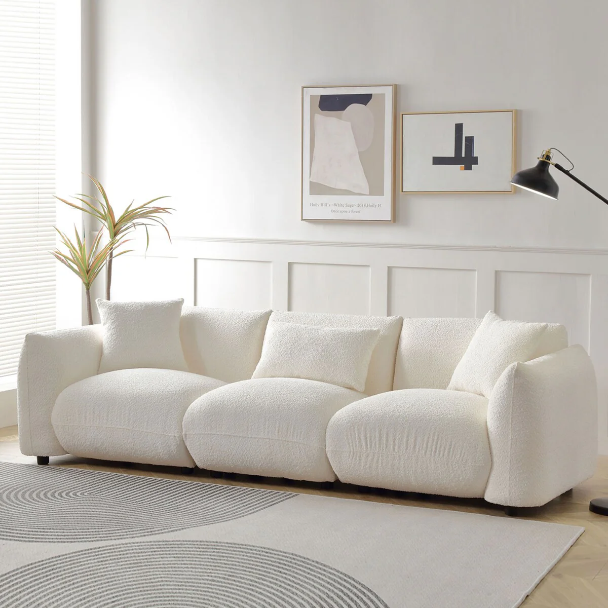 Upholstered Comfortable Soft Lamb Down White Sectional Sofa Couch with Ottoman