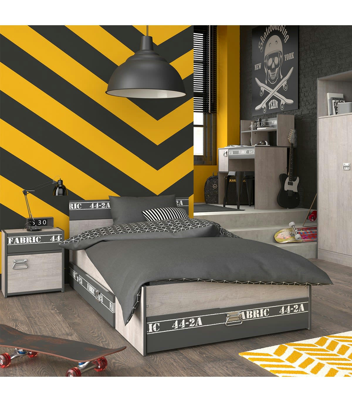 FABRIC - Lit avec tiroirs de rangement couchage 90x200 cm - Décor Gris Loft