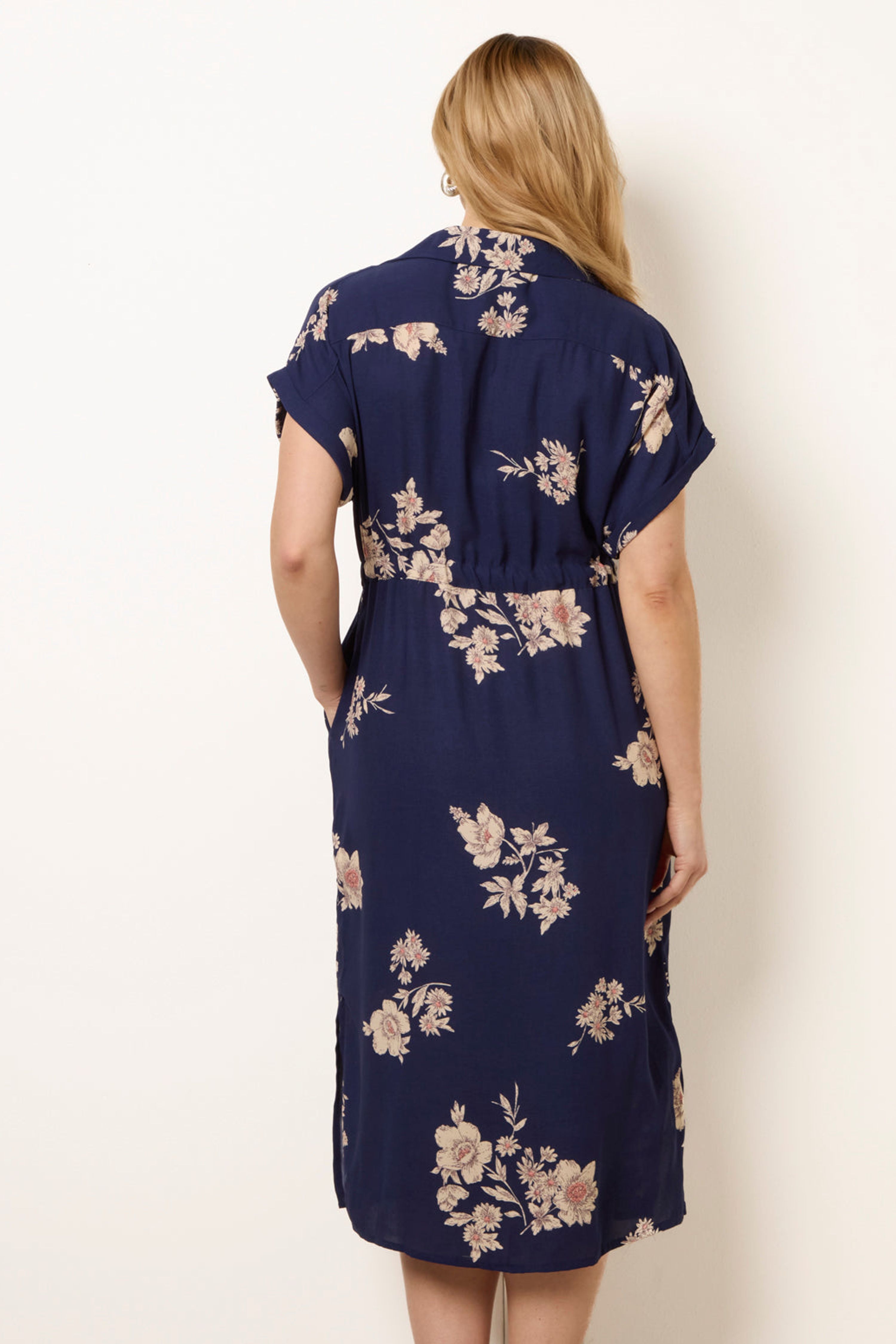 Blue Vanilla Navy Drawstring Midi Shirt Dress