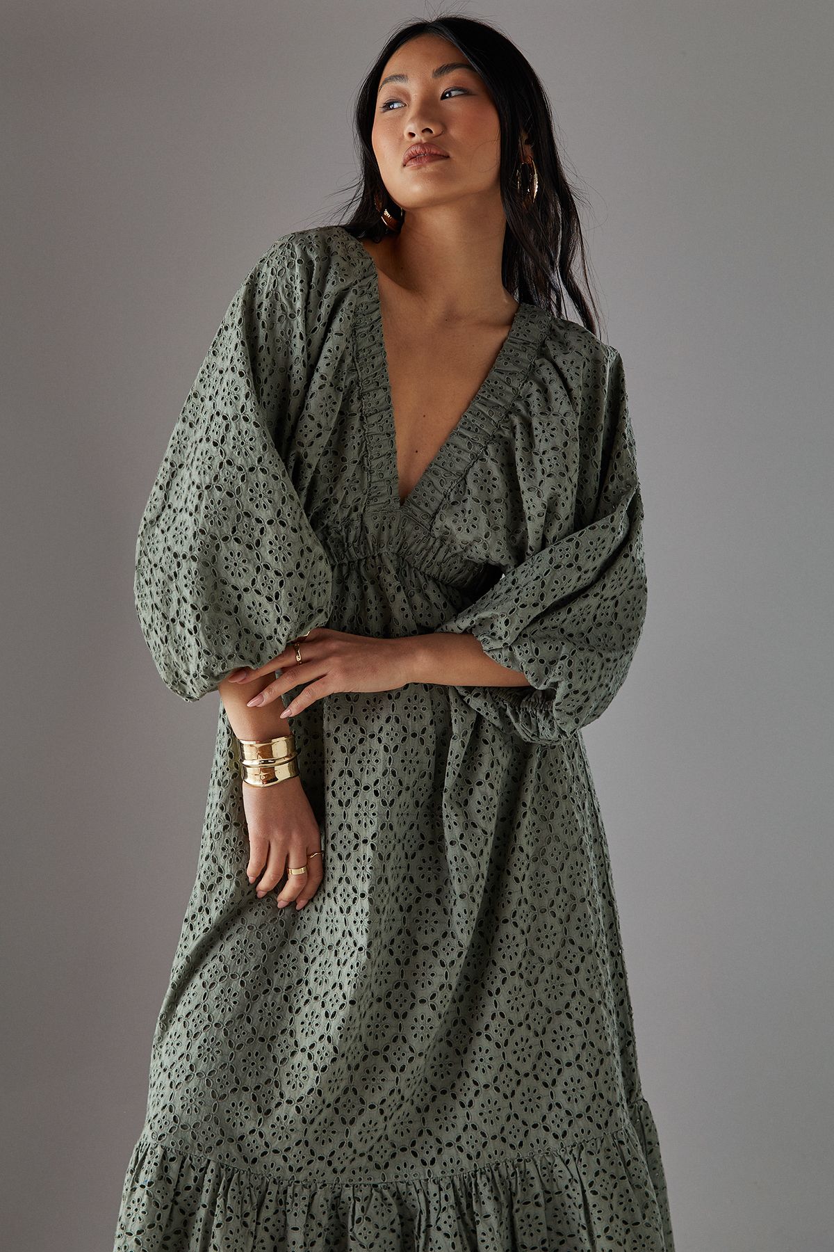 Warehouse Petite Broderie Plunge Neck Volume Sleeve Smock Midi Dress