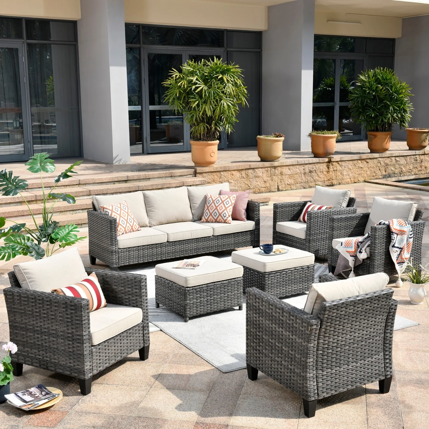 OVIOS 7-piece Patio Outdoor Wicker Conversation Set