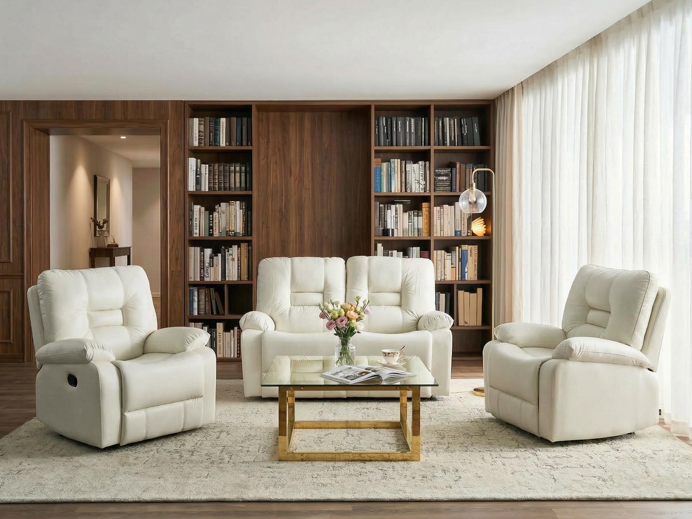 Manual Recliner Living Room Set 4 Seater BERGEN Faux Leather White