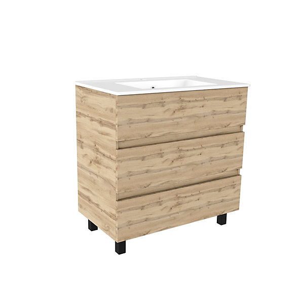 Ensemble sous vasque à poser effet chêne industriel 3 tiroirs   vasque blanche, l.80 cm, Galedo Timber