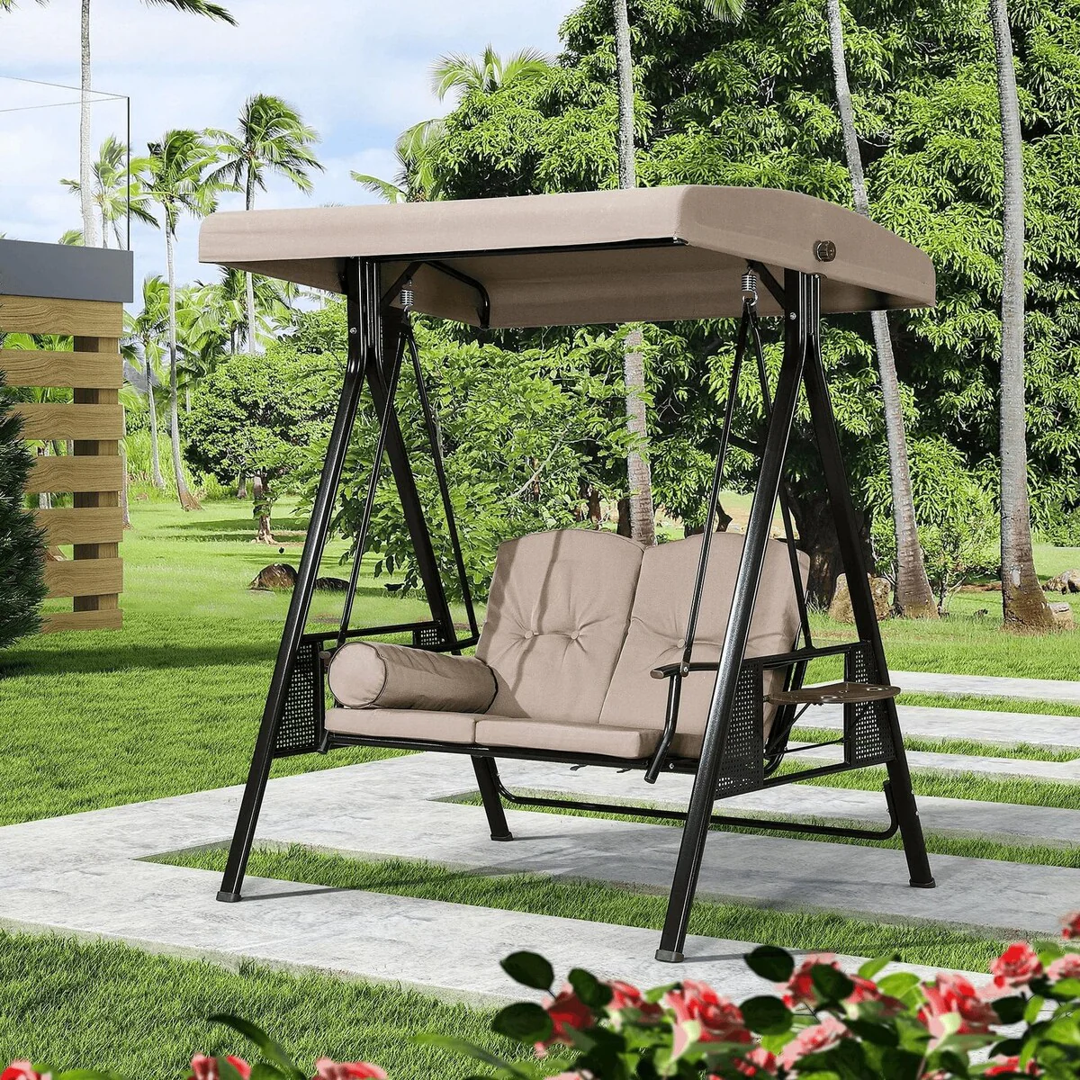 PURPLE LEAF 2-Seat Deluxe Outdoor Patio Porch Swing with Weather Resistant Steel Frame, Cushions and Pillow Included