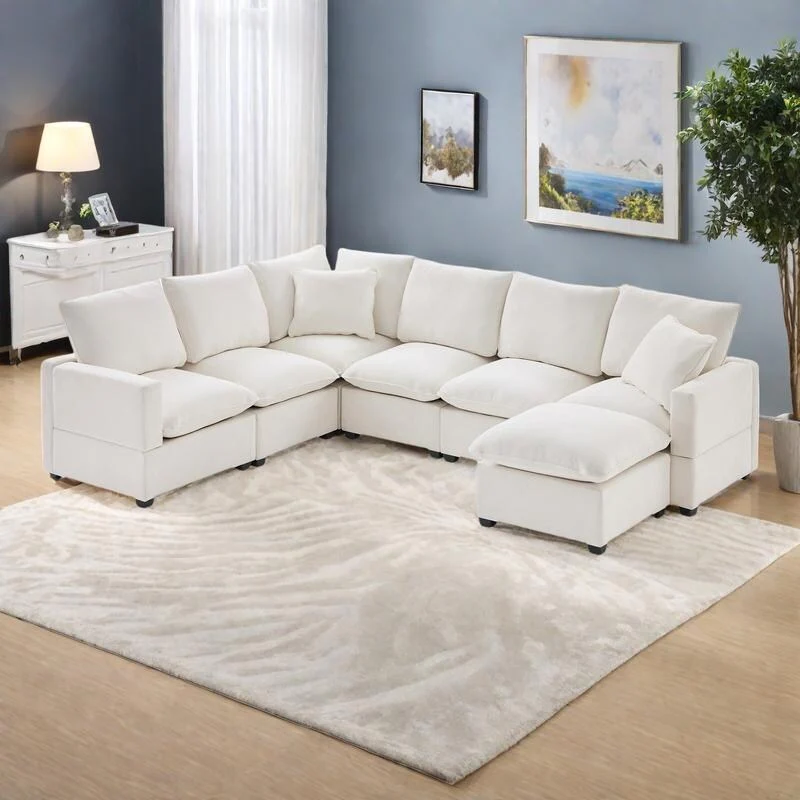 110 Chenille U-Shaped Modular Sofa with Ottoman and 2 Pillows, 7-Seater, 330lb Capacity