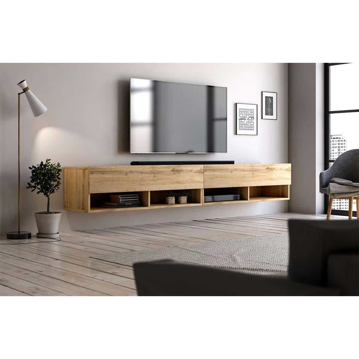 DERBY 200 - Meuble tv mural 2 portes 200 cm naturel