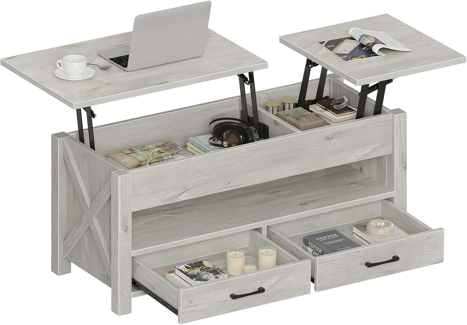 Seventable Coffee Table, 47.2 Lift Top Coffee Table with 2 Storage Drawers and Hidden Compartment, Retro Center Table with Wooden Lift Tabletop for Living Room, Gray
