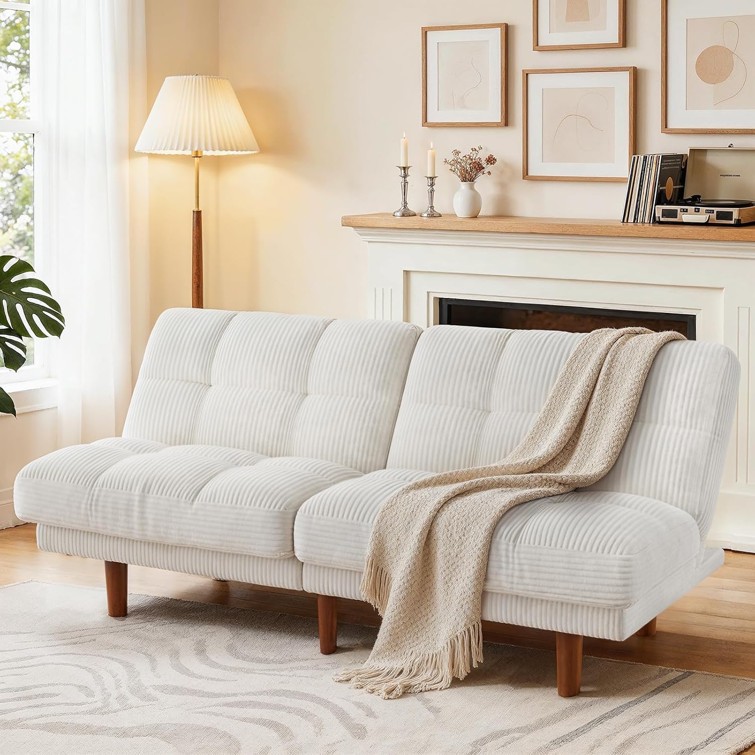 Marsail 65 Futon Sofa Bed, Convertible Small Recliner Sleeper Sofa Bed with Adjustable Backrest, Corduroy Loveseat Futon Couch for Small Apartments, Living Room Office, Guest Room (White)