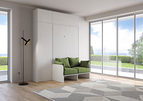 Lit queen-size escamotable Kentaro 120 cm avec canapé et meubles blancs, frêne et verts