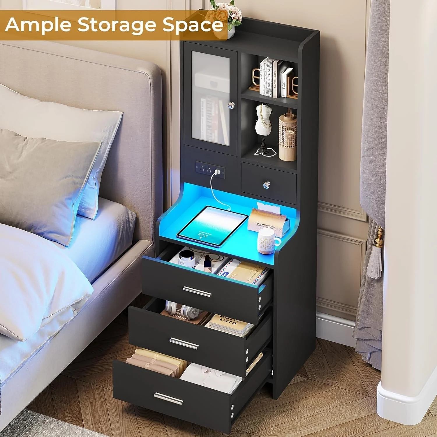 Tall Nightstand Charging Station 3 Drawers & Shelves LED Glass Door