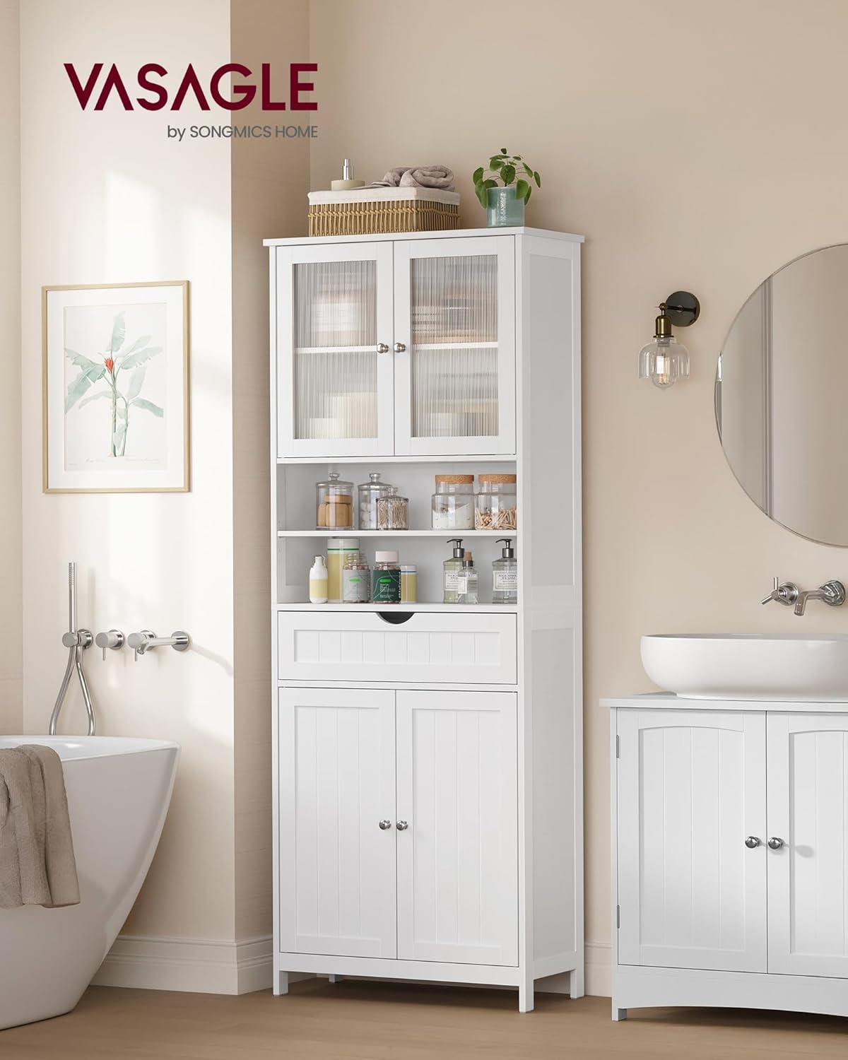VASAGLE Storage Cabinet, Freestanding Storage Unit with Adjustable Shelves, Drawer, Open Compartments, for Bathroom, Living Room, Kitchen, Cloud White UBBC768WH01S
