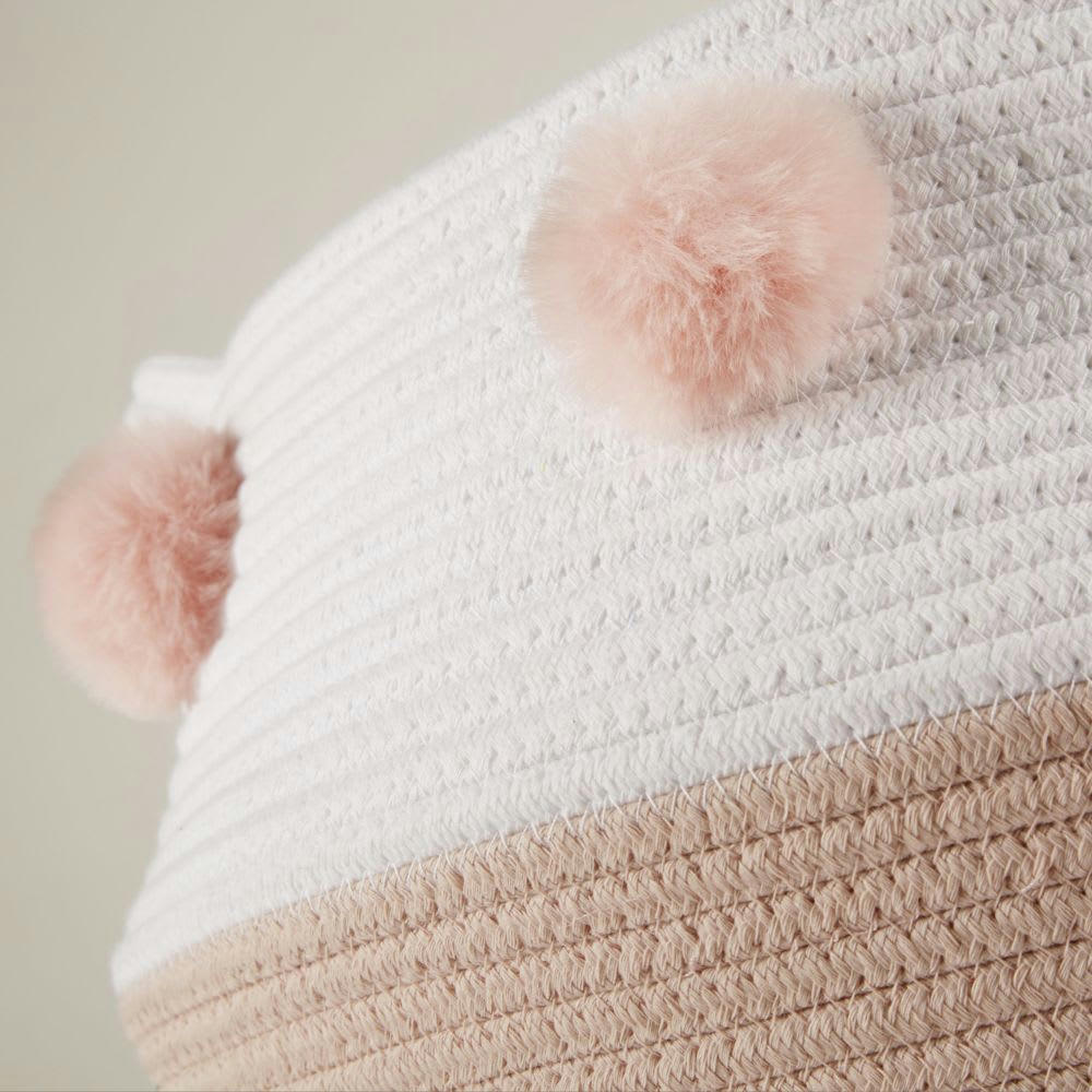 LILA - Panier tressé rose et blanc à pompons