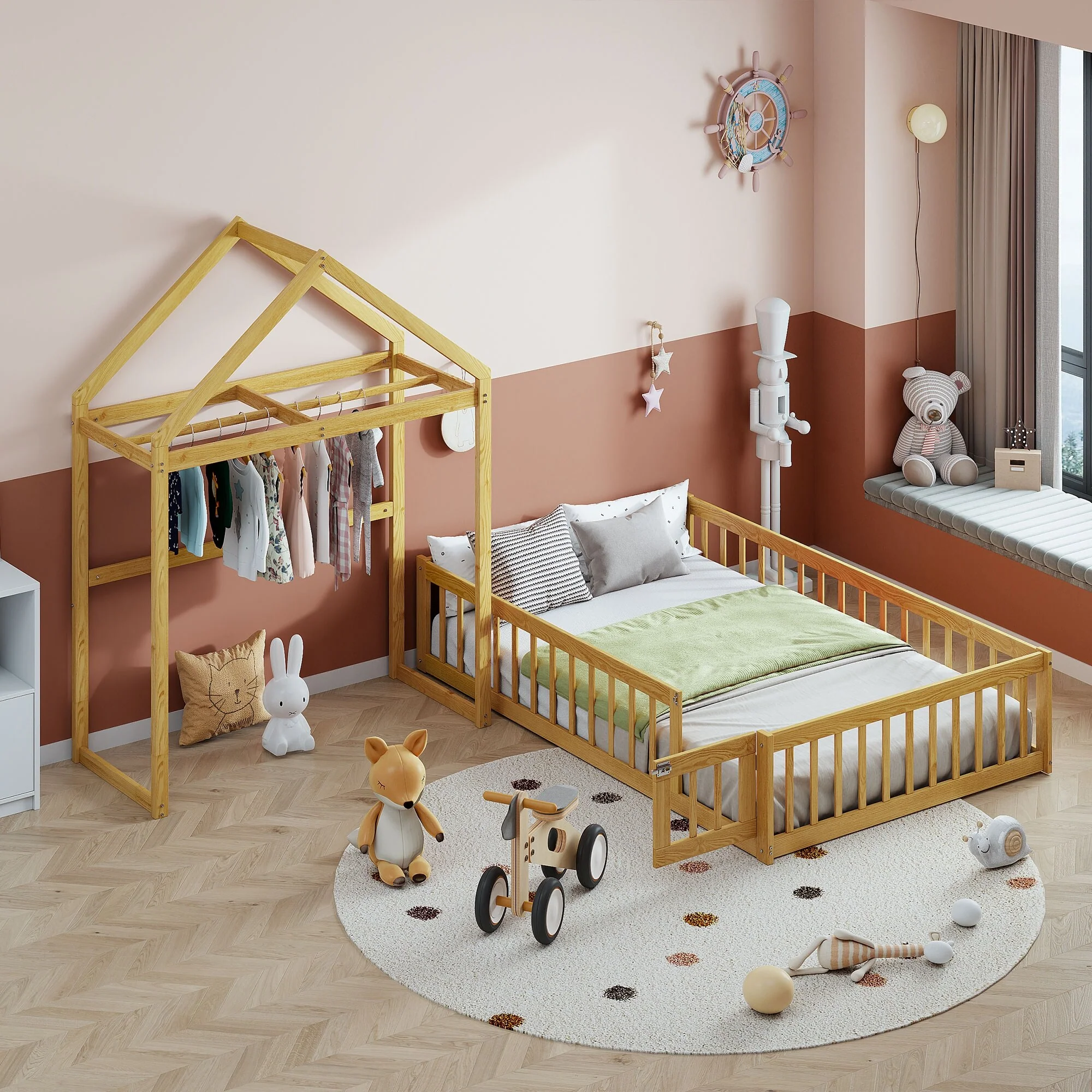 Wooden Floor Bed with Fence and Detachable Headboard for Kids
