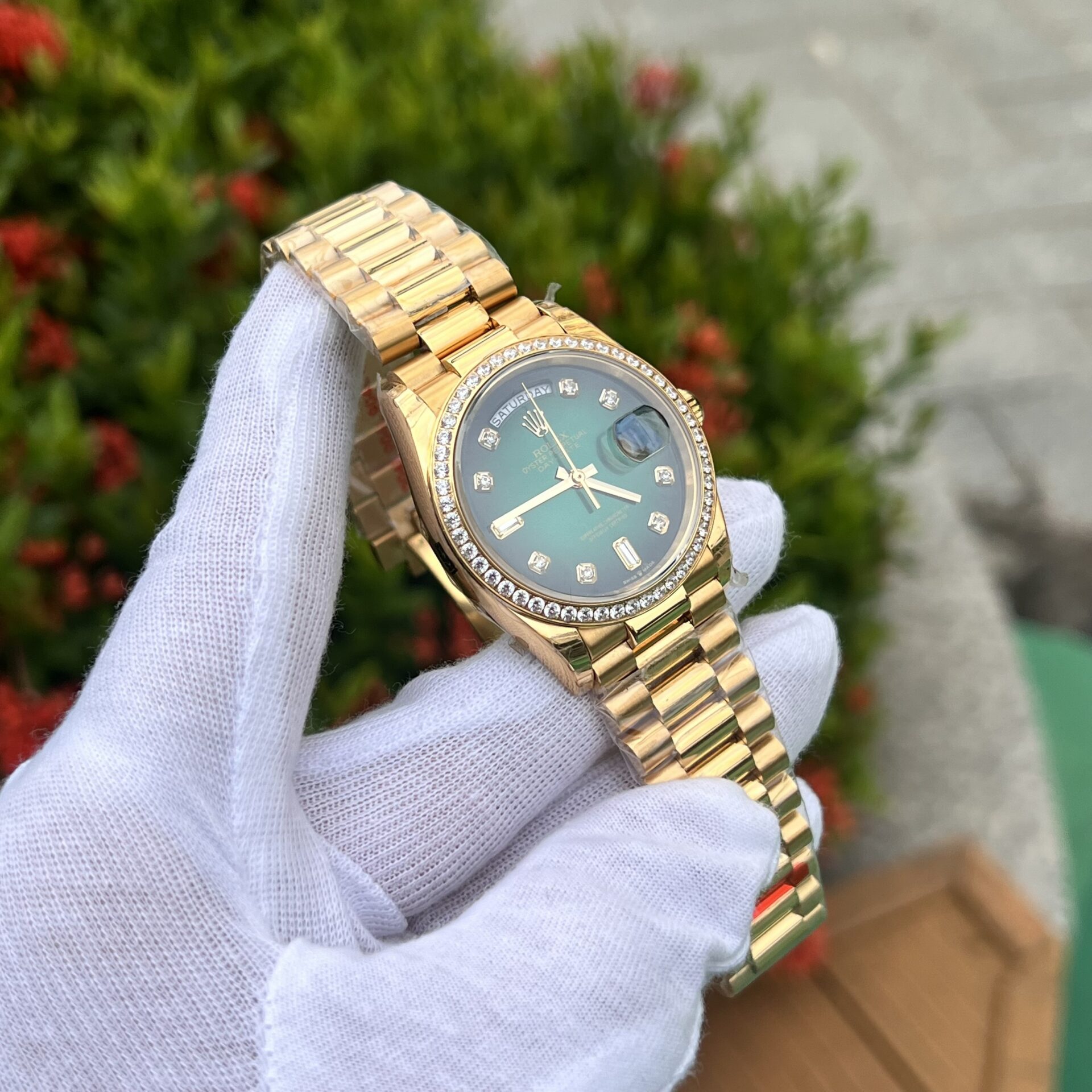 Rolex Day-Date 128348RBR YG Plated Ombre Green Dial CZ Diamonds 36mm EWF Replica