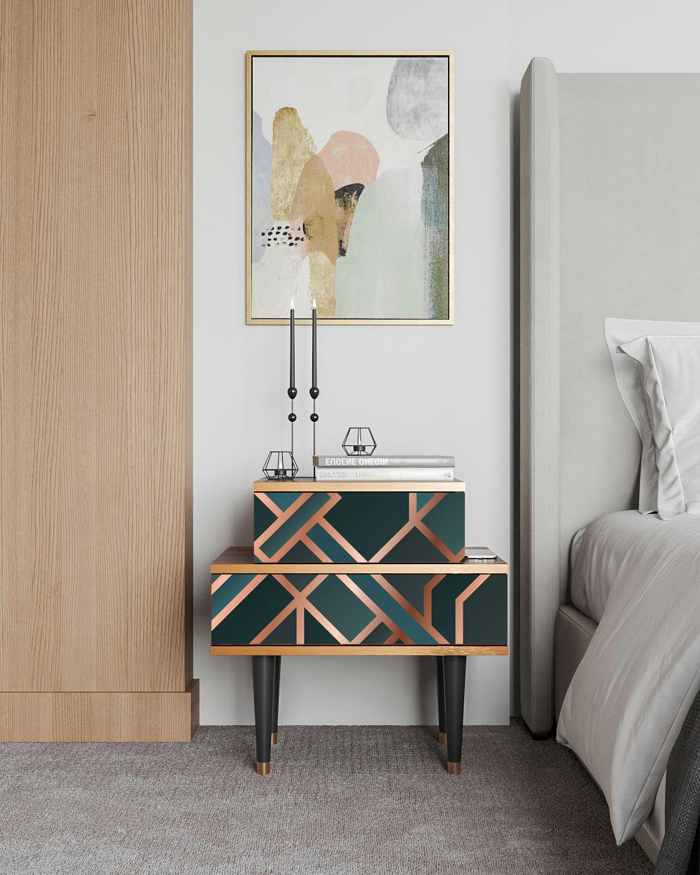 BRONZE CROSSROAD - Table de chevet bleu-vert 2 tiroirs L 58 cm