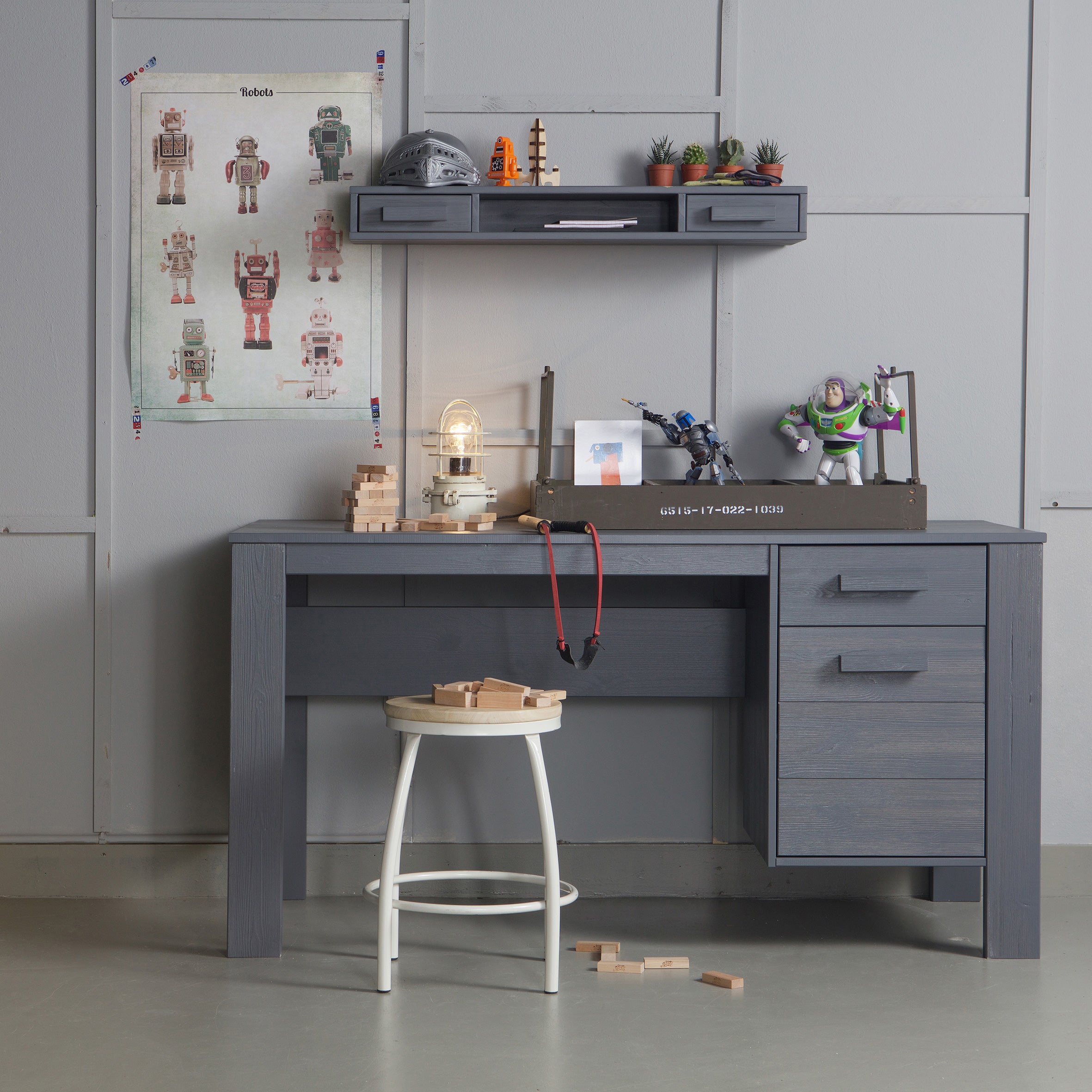 Woood Dennis Bureau - Grenen - Staalgrijs - Geborsteld