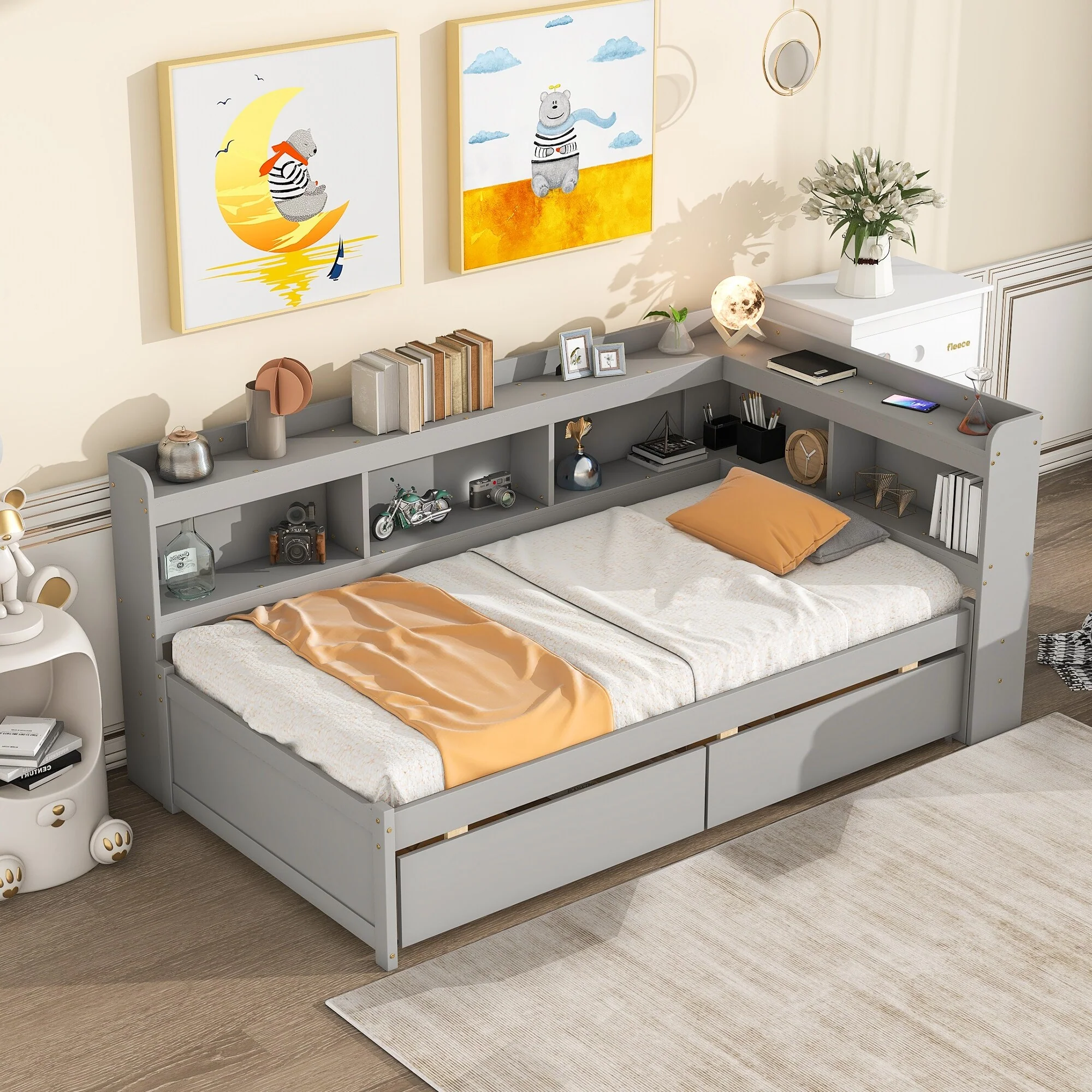 Contemporary Full Bed with Built-In L-Shaped Bookcases and Drawers