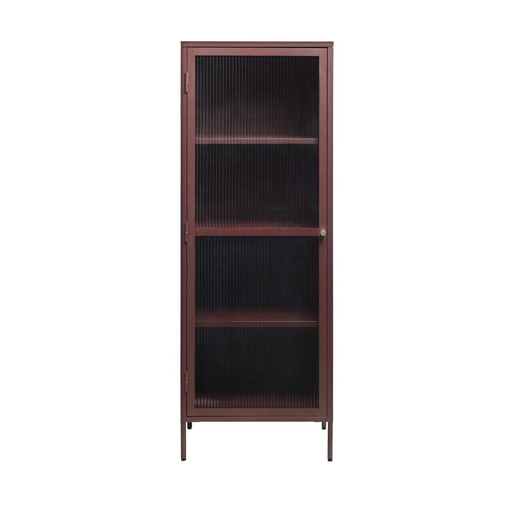 BJORN - Colonne de rangement 1 porte en verre strié et métal H160cm bordeaux