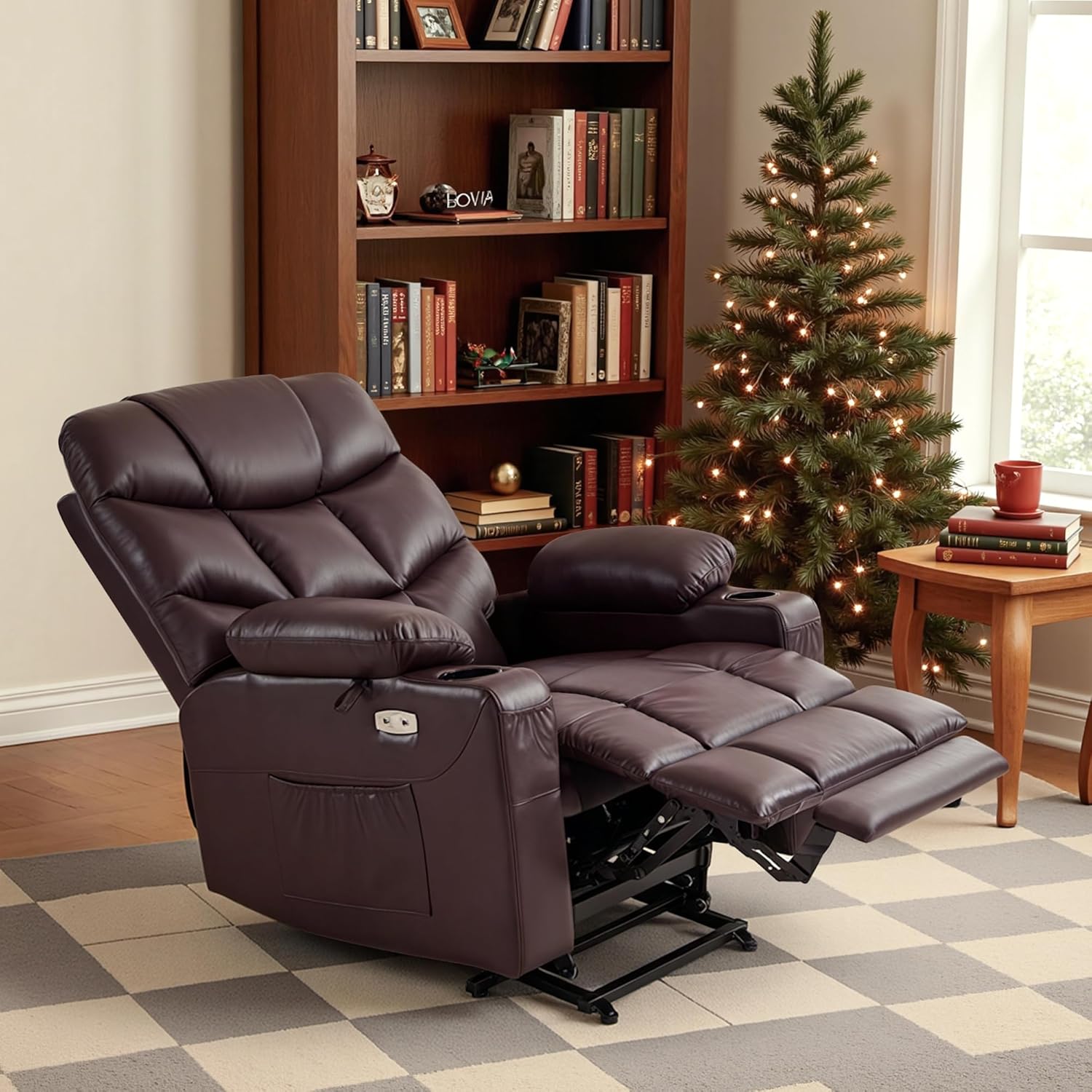 MCombo Power Lift Recliner Chair with Extended Footrest for Elderly People, Faux Leather 7287 (Dark Brown, Medium)