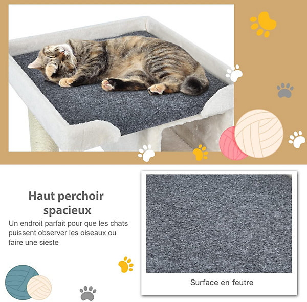 Arbre à Chat 80 CM en Bois Recouvert Peluche, Poteaux en Sisal, Nid Confortable, Beige
