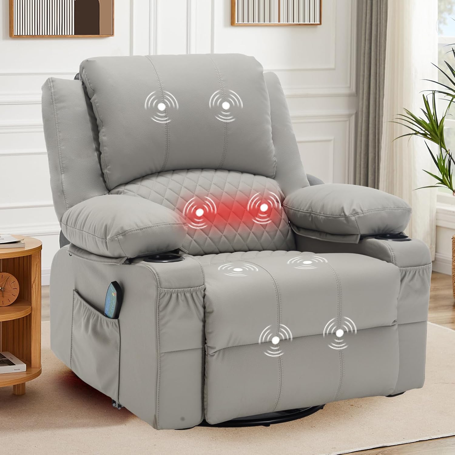 Leather Recliner Chair with Heat and Massage Cup Holder, Thickly Padded Overstuffed Rocking Glider Chair, Swivel Rocker Recliner Chair for Nursery, Grey