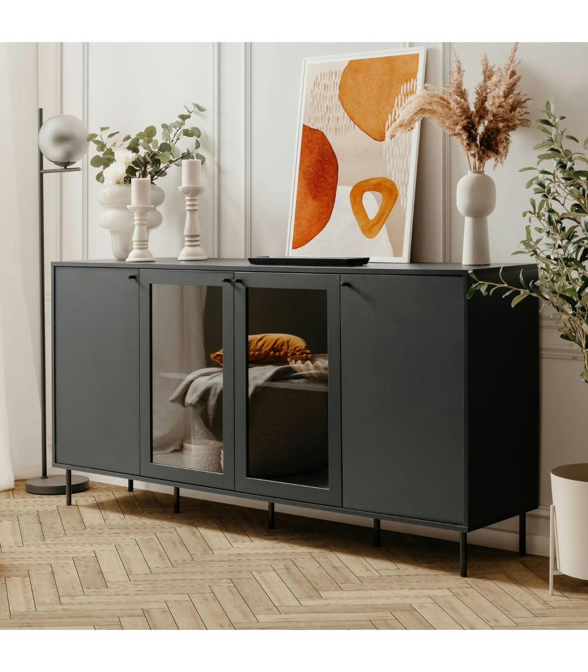 BOGOTA - Buffet 4 portes dont 2 vitrées bleu marine - L180 cm