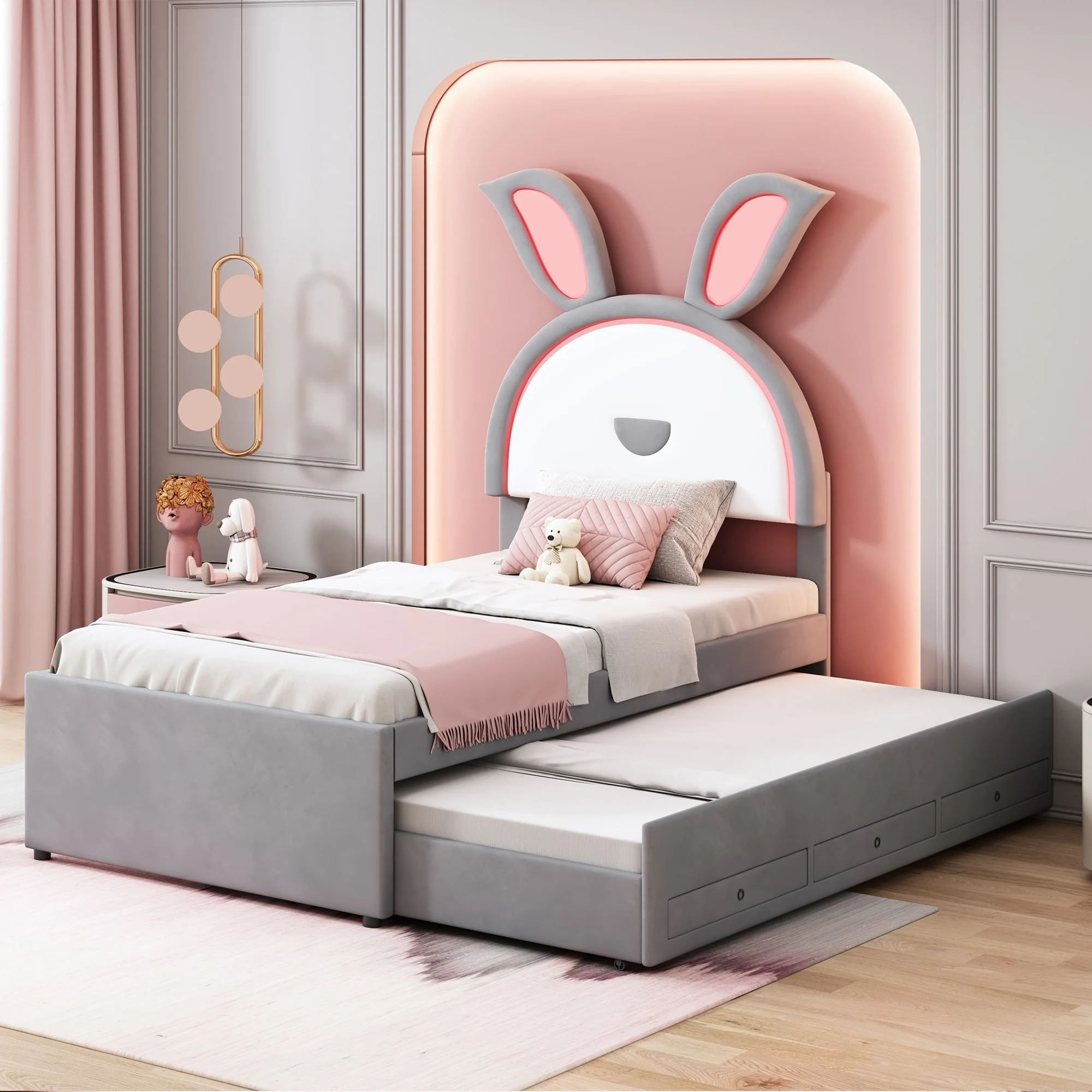 Twin Upholstered Platform Bed with Trundle, Drawers, and LED Rabbit Headboard