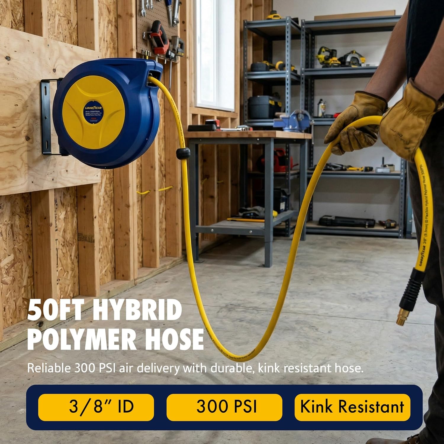 Goodyear Retractable Air Hose Reel, 3/8 x 50 FT, 300 PSI Hybrid Polymer Hose, Spring-Driven Automatic Rewind, Leak-Proof Swivel, Wall & Ceiling Mountable
