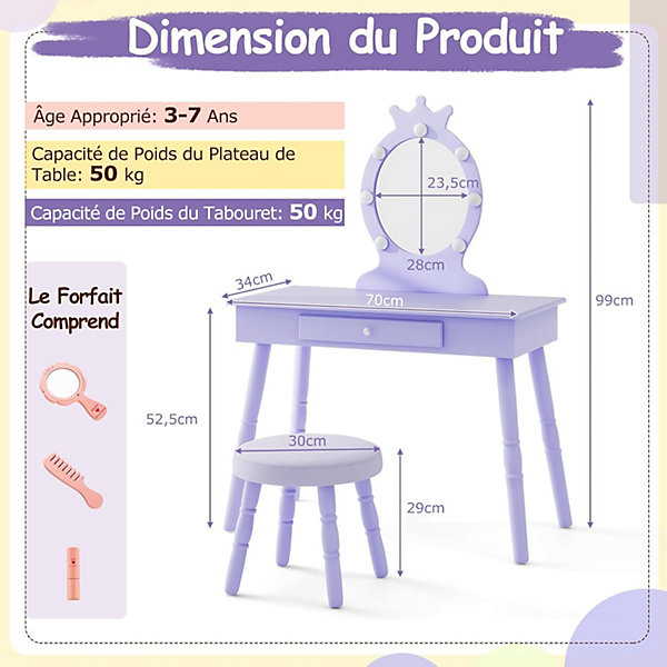 Coiffeuse Enfant Fille avec Miroir et Tabouret, Lumières LED 3 Couleurs, Table de Maquillage avec Accessoires de Beauté, Violet